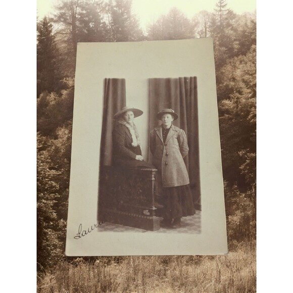 Antique Signed Dutch Laura & Victoria 2 Ladies With Hats And Coats Message 1912 - Picture 1 of 7
